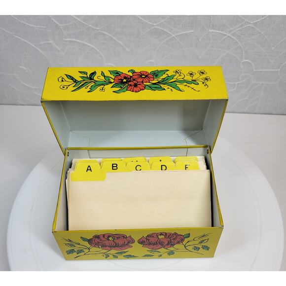Vintage Syndicate Mfg Recipe Box Yellow Red Floral Metal Tin with Divider Cards - Picture 9 of 16